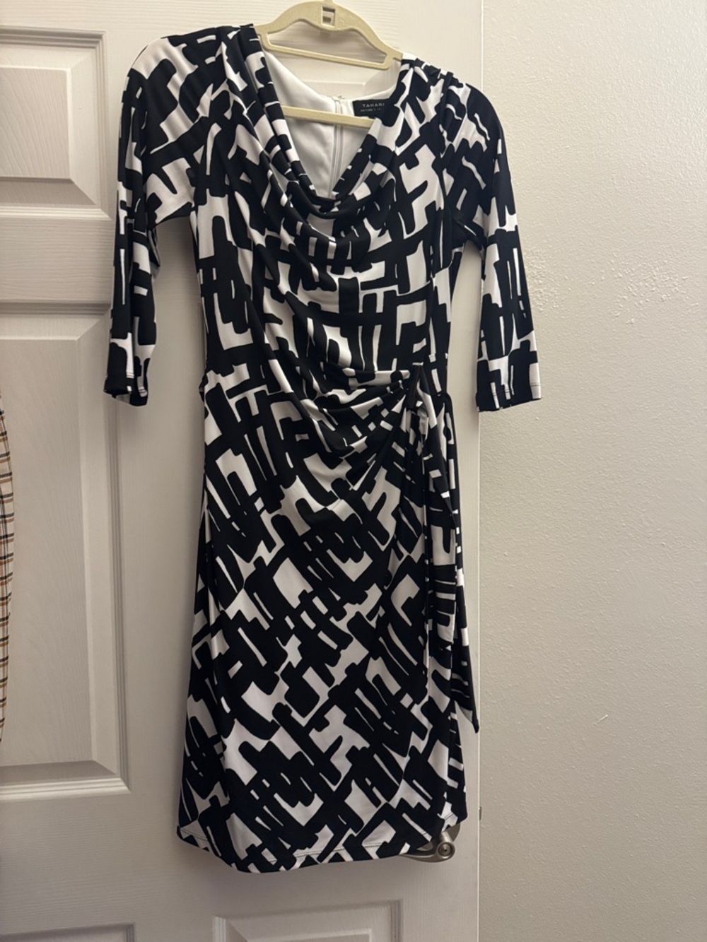 Tahari Black & White Geometric Draped Jersey Dress